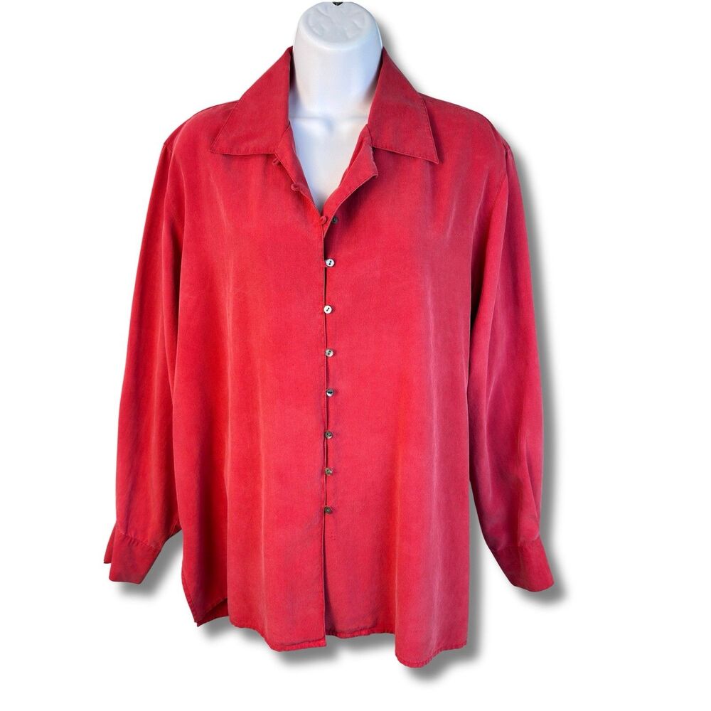 Vintage Y2K Express Silk 100% Button-Up Shirt – Red – Size Large